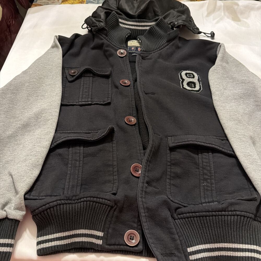 DXI Jeans Co Boys XL Varsity Jacket Black Gray Hooded Letterman Button Front